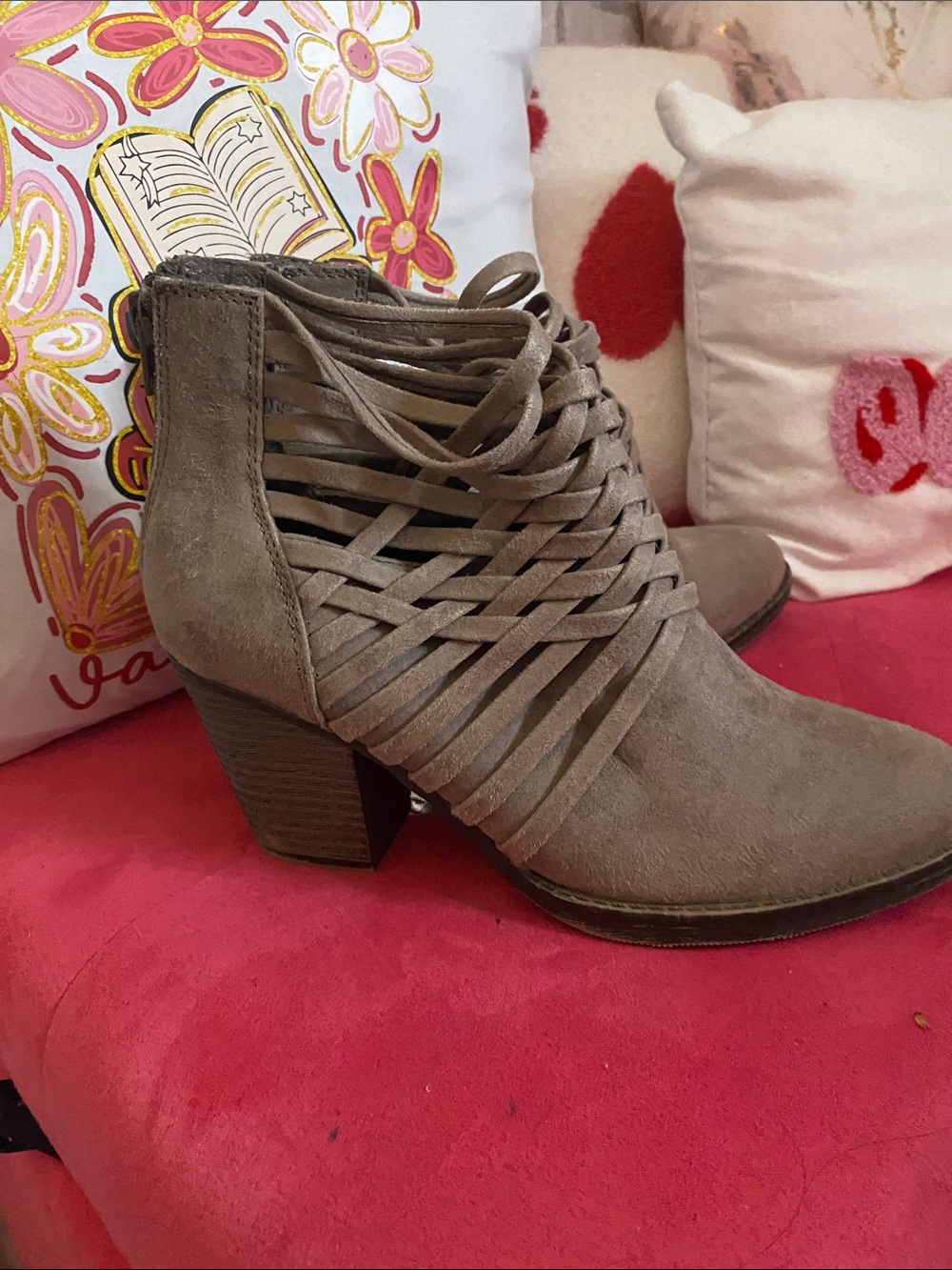 Big Buddha Taupe Strappy Suede Block Heel Booties